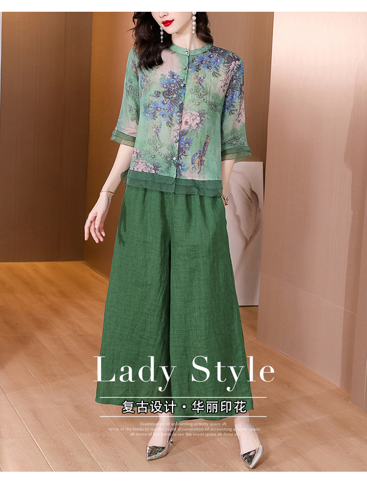 Wide-leg pants set for women, printed ramie shirt top, 2023 new style, retro large-sized cotton and linen pants two-piece set for summer pic 1