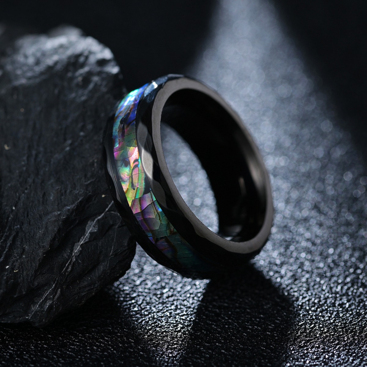 European and American cross-border style diamond-shaped edge-plated black rose gold ring for men, titanium steel set abalone shell ring pic 8