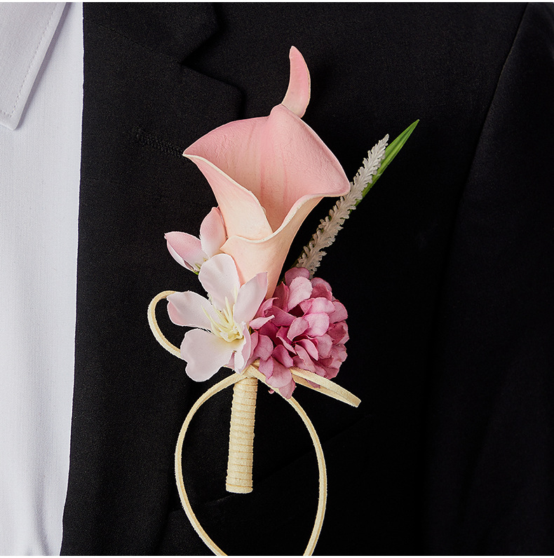 高级感婚礼胸花蜜釉粉永生花马蹄莲男士襟花手工造境新郎结婚胸花详情26