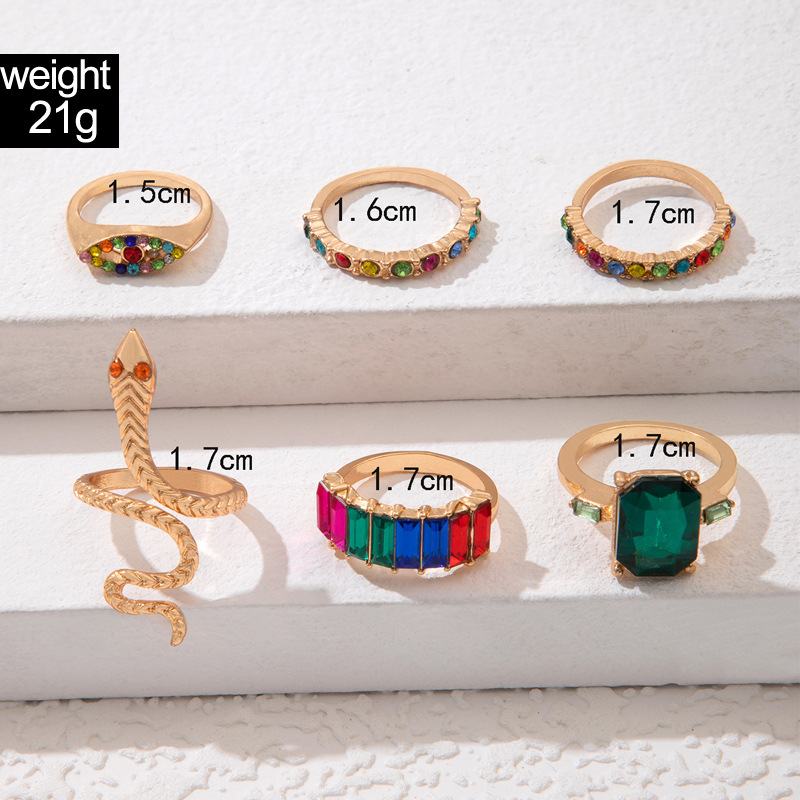 欧美流行饰品戒指手饰 蛇形爱心仿绿宝石镶钻ins风五件套戒指女详情22