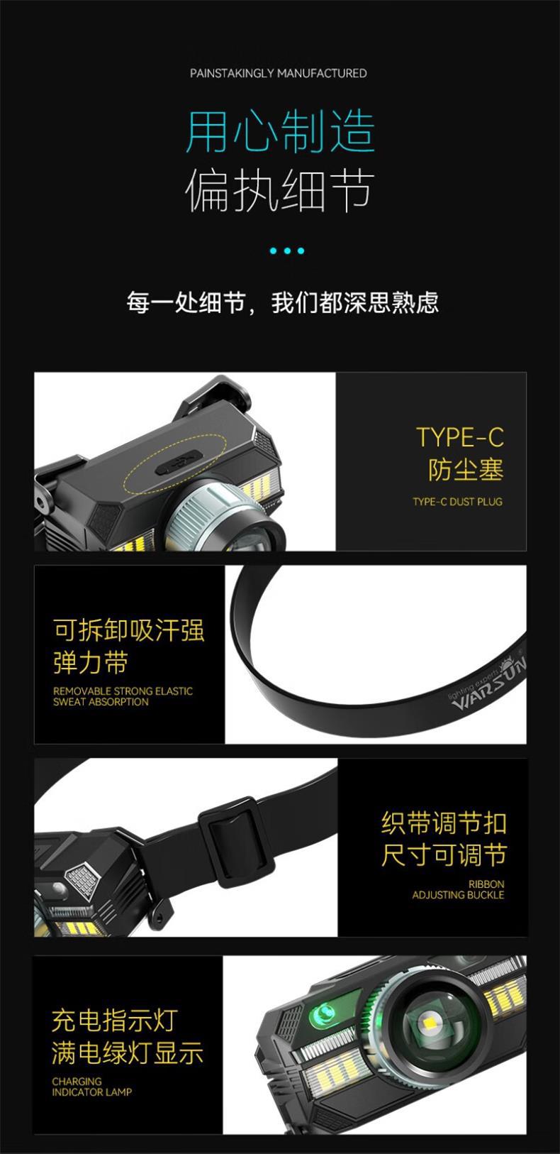 沃尔森厂家WD09感应头灯强光头戴式led长续航夜钓鱼户外超亮矿灯详情16