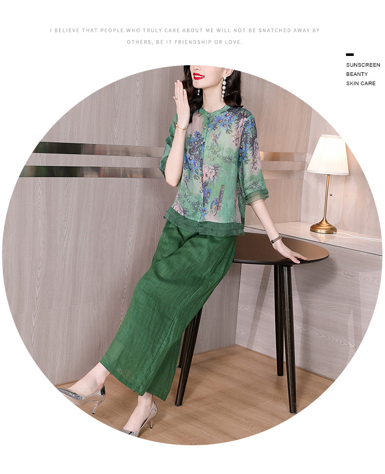 Wide-leg pants set for women, printed ramie shirt top, 2023 new style, retro large-sized cotton and linen pants two-piece set for summer pic 14