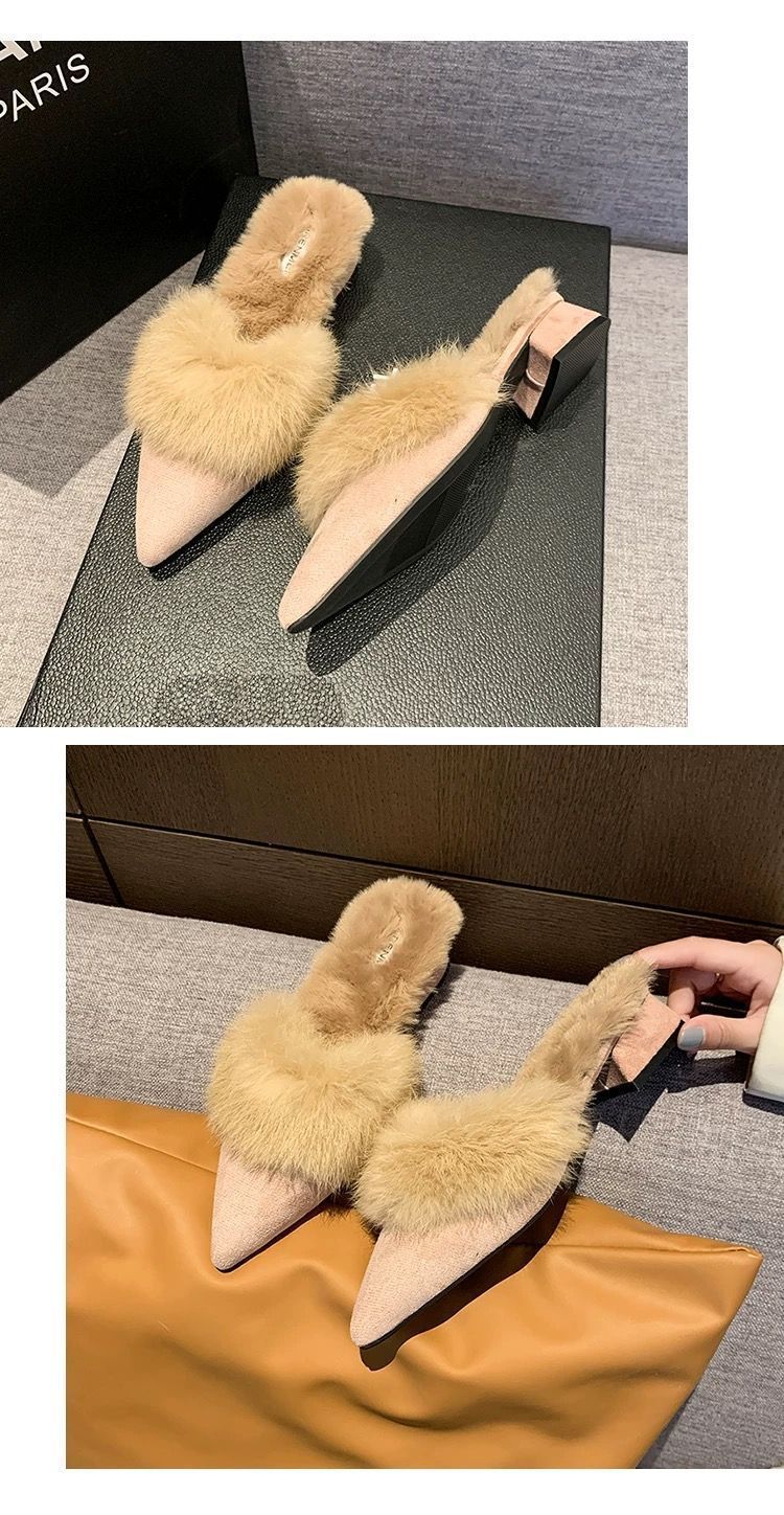 尖头毛毛棉拖鞋2025秋冬季新款日常软底一脚蹬包头半拖鞋加绒保暖详情11