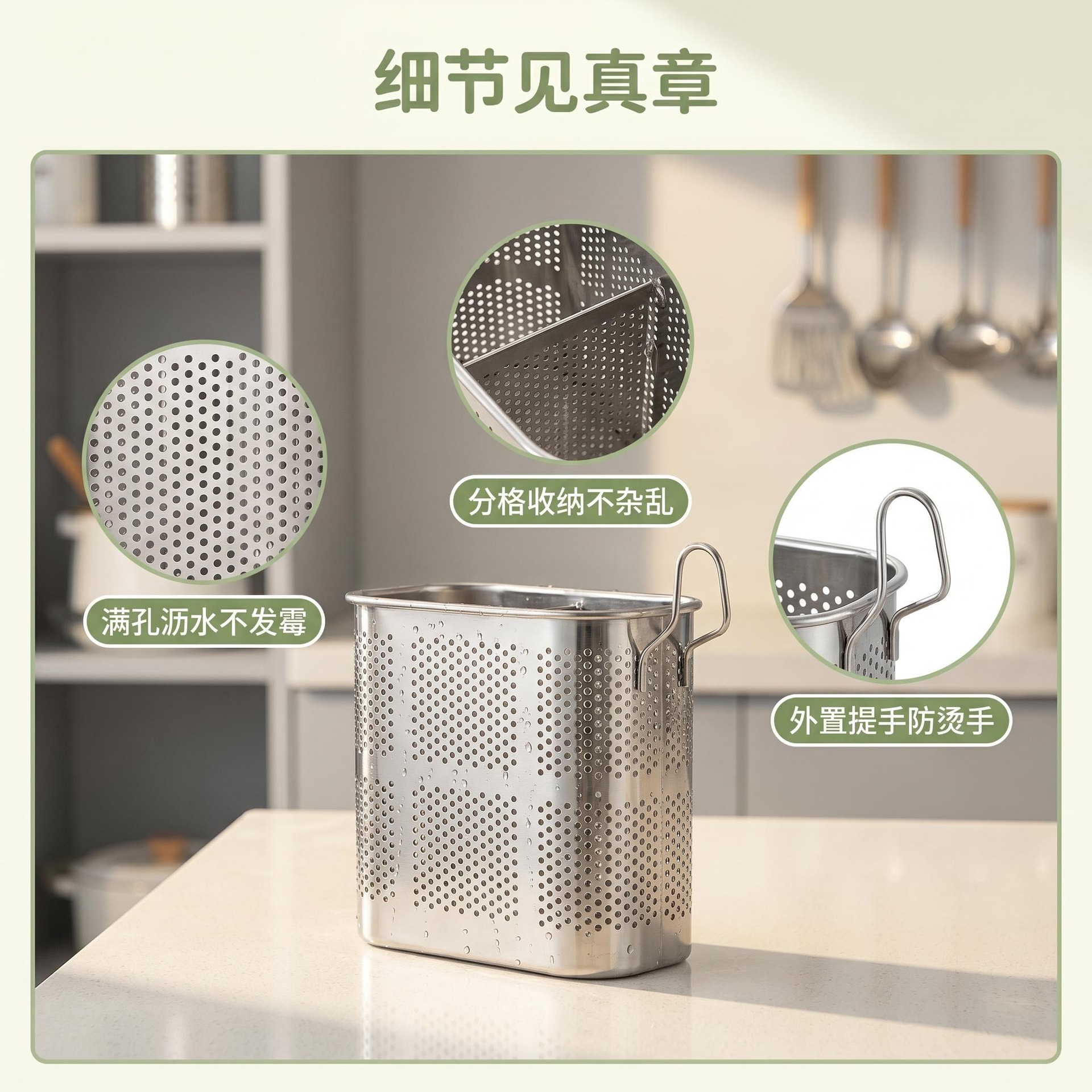 密孔双格筷子筒 不锈钢方形双格筷子筒沥水多功能筷子笼筷子架筷详情4