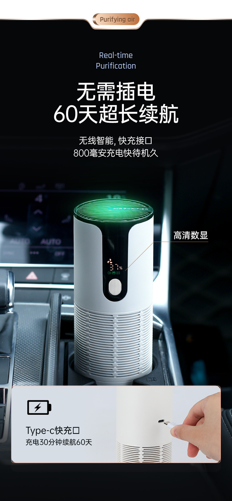 跨境香薰负离子空气净化器 USB充电数显香薰除味尘车载空气净化器详情13