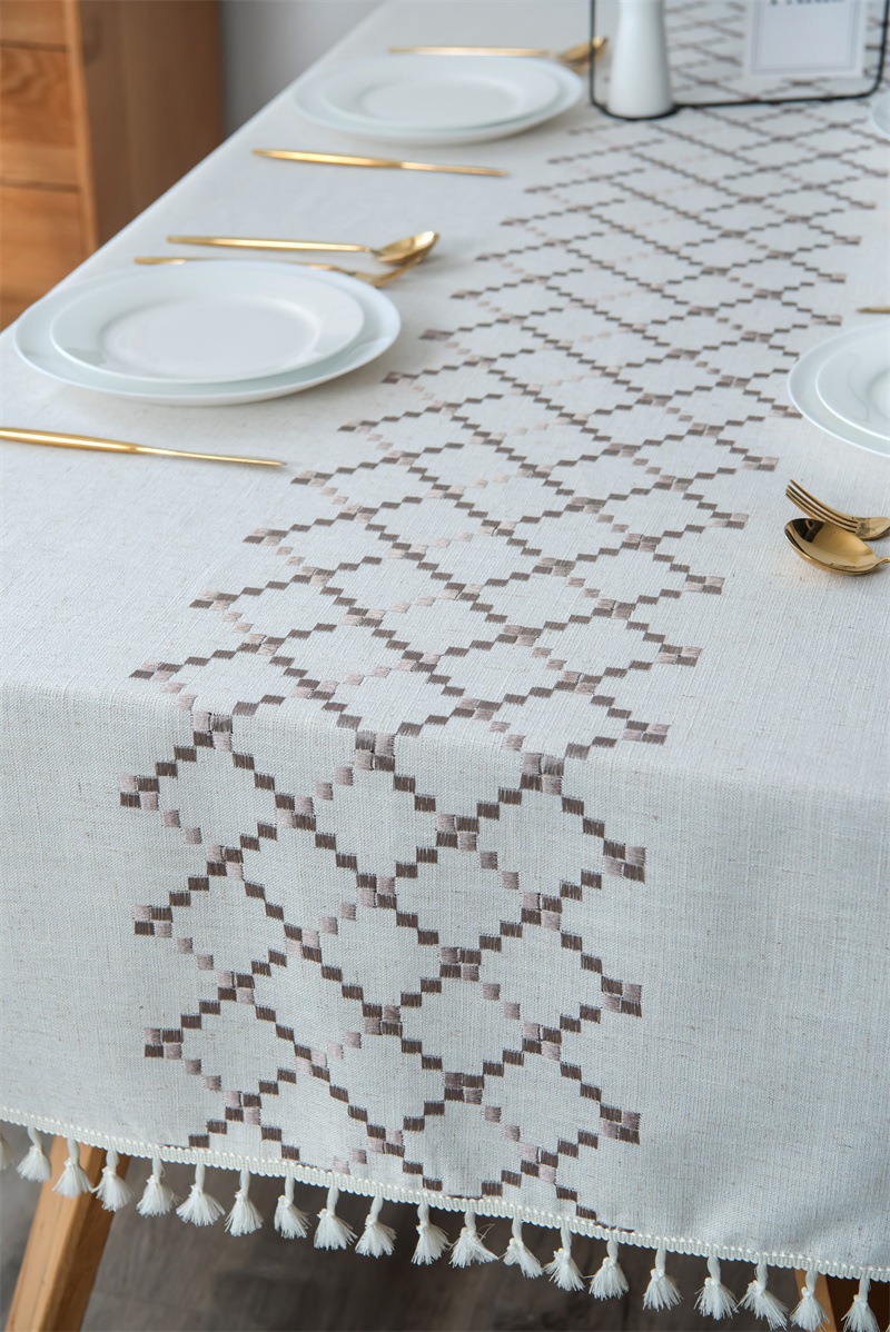 Amazon cross-border embroidered checkered flower tassel tablecloths, rectangular coffee tables, tablecloths and table coverings manufacturer embroidery pic 42