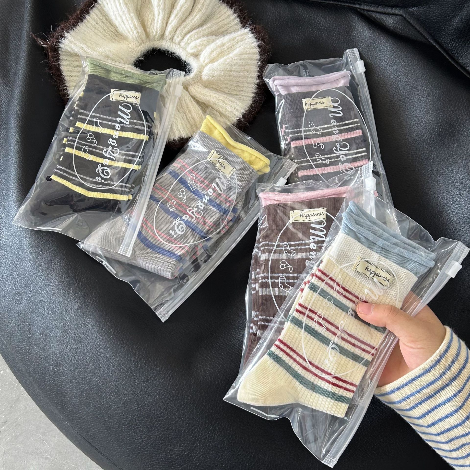 袜子女秋冬撞色布标彩色条纹卷边潮流堆堆袜春秋百搭纯棉中筒袜详情19