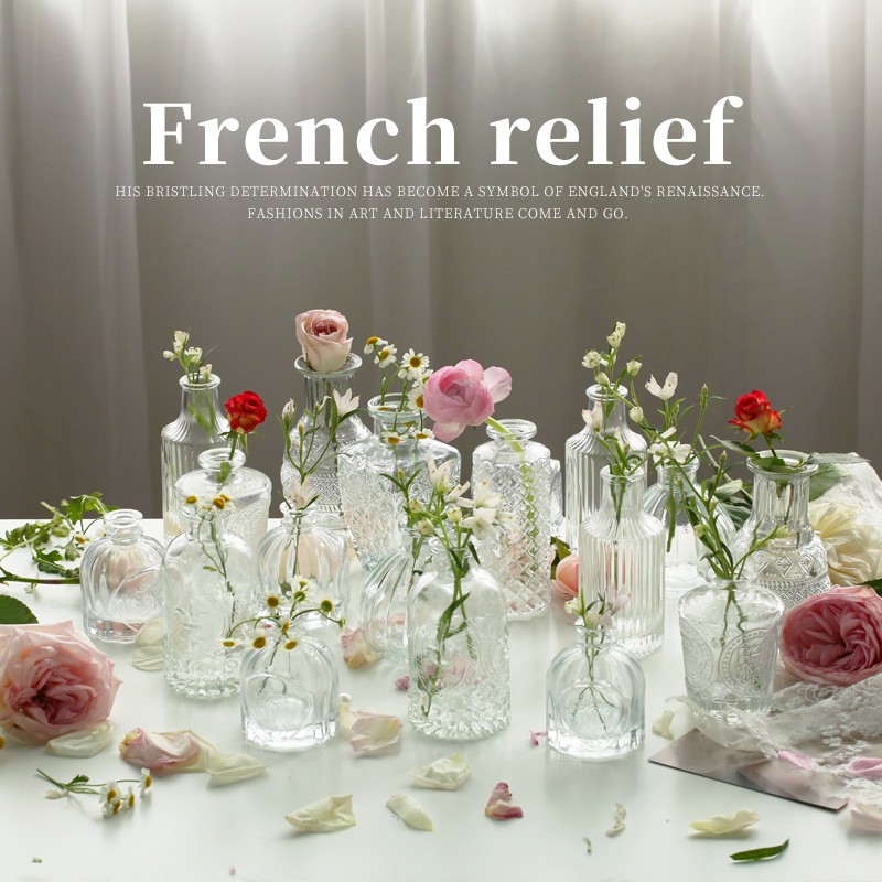 Retro light luxury embossed transparent French glass small vase, ins style home decoration, pocket-sized living room flower arrangement vase pic 3