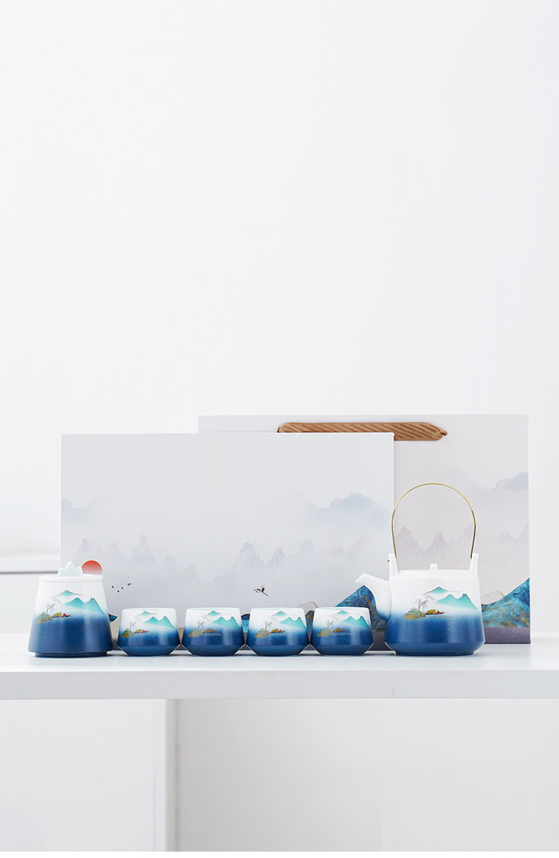Japanese-style kung Fu tea set, landscape handle teapot with can, business gift set, company opening event souvenir pic 14