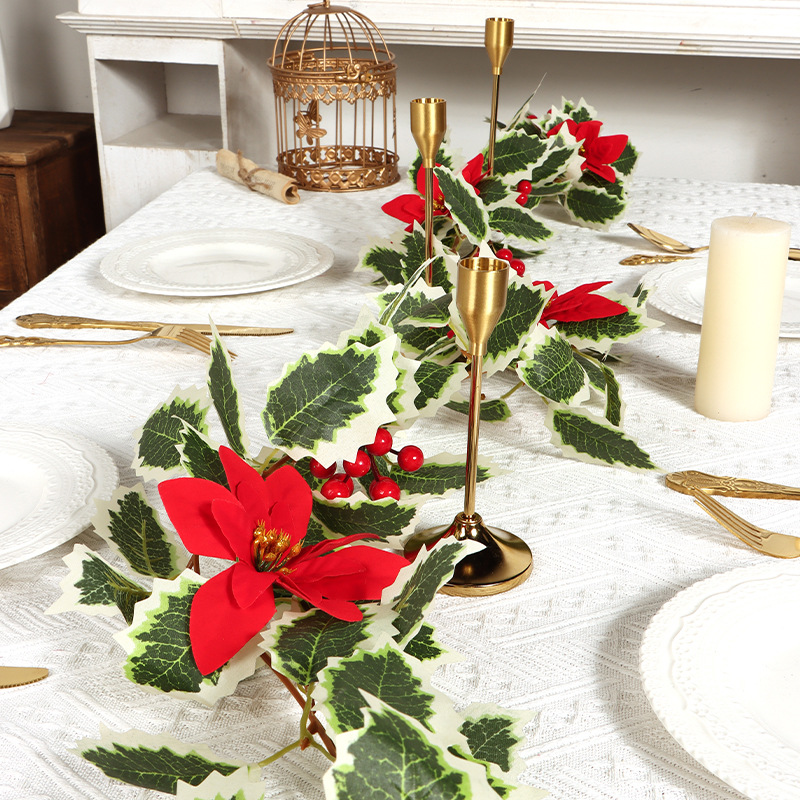 亚马逊新款仿真圣诞红果藤条松针藤蔓壁炉家居布置氛围装饰批发详情9