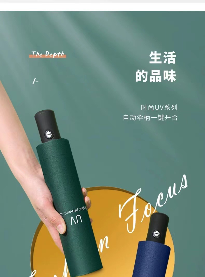 Three-fold fully automatic black rubber sun protection and shade umbrella, all-weather folding sun umbrella, umbrella printed logo advertising umbrella pic 7