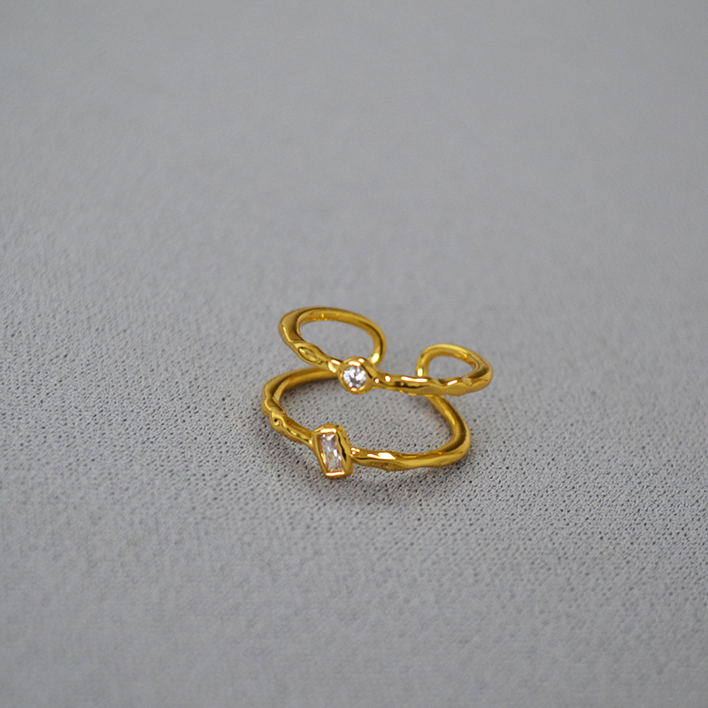 日韩小众简约黄铜镀金锤打纹理双层线条镶嵌锆石闪钻开口戒指女详情1