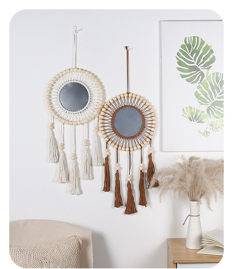 波西米亚风格木珠棉绳流苏镜子小挂饰挂件家居墙壁装饰工艺品镜子详情6