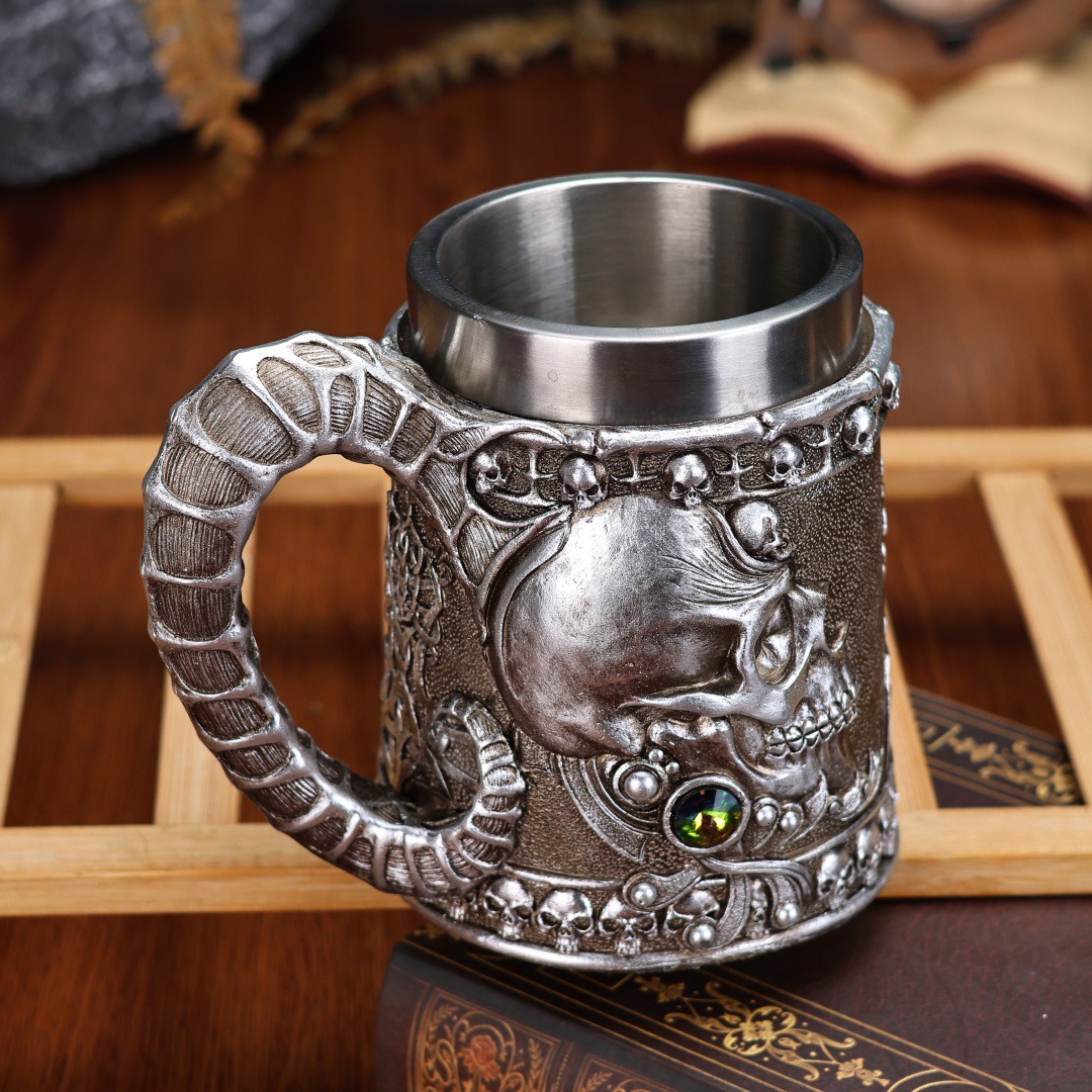 2025 Halloween Horn-shaped Skull Beer mug, Stainless Steel Large Capacity Mug, Personalized Gift cup pic 2