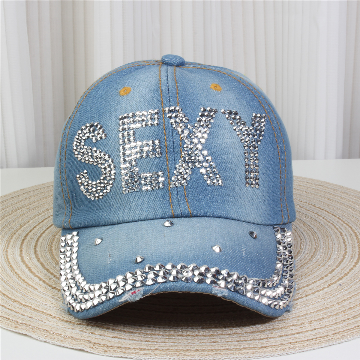 2024新款女士水钻镶钻牛仔布时尚洋气鸭舌帽休闲显脸小成人棒球帽详情13