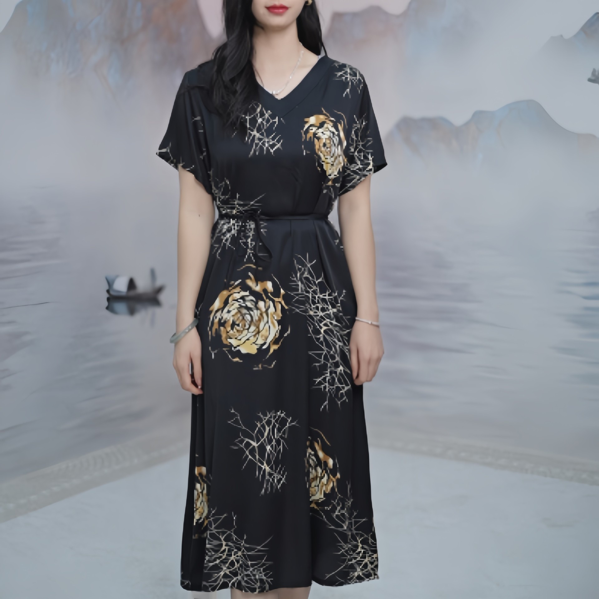 中年妈妈女装夏季雪纺连衣裙2024新款夏装洋气40岁50显瘦气质裙子详情1