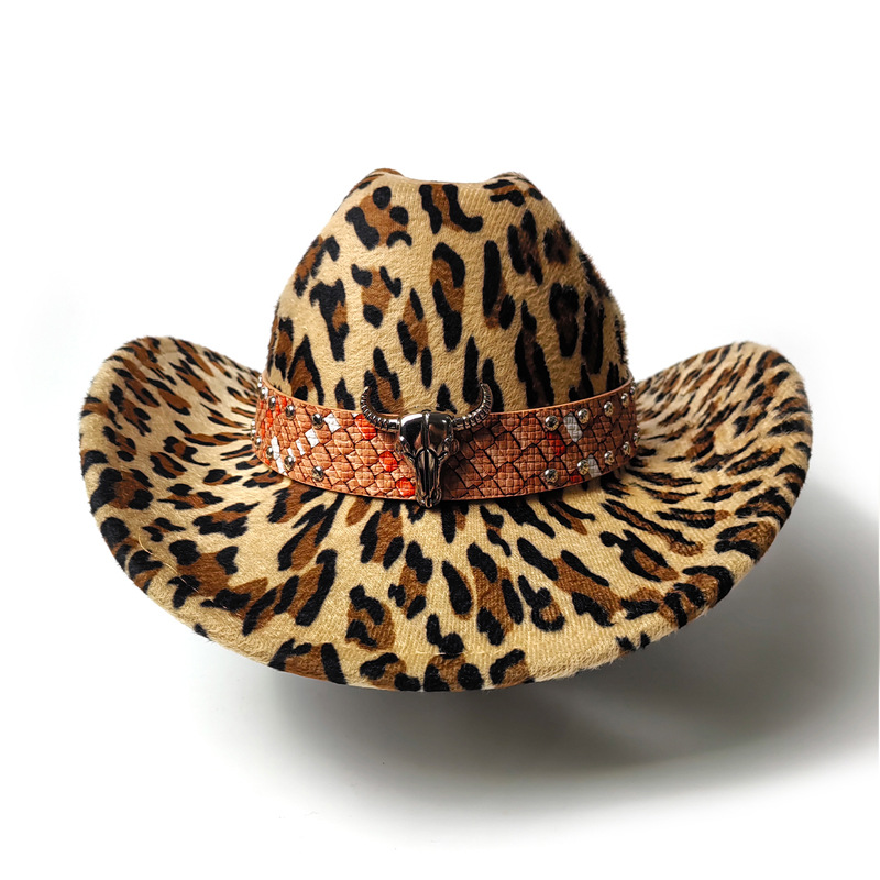 A cow-patterned jazz top hat, a Western cowboy hat with a bull head belt for men and women, European and American ethnic style, Tibetan style pic 1