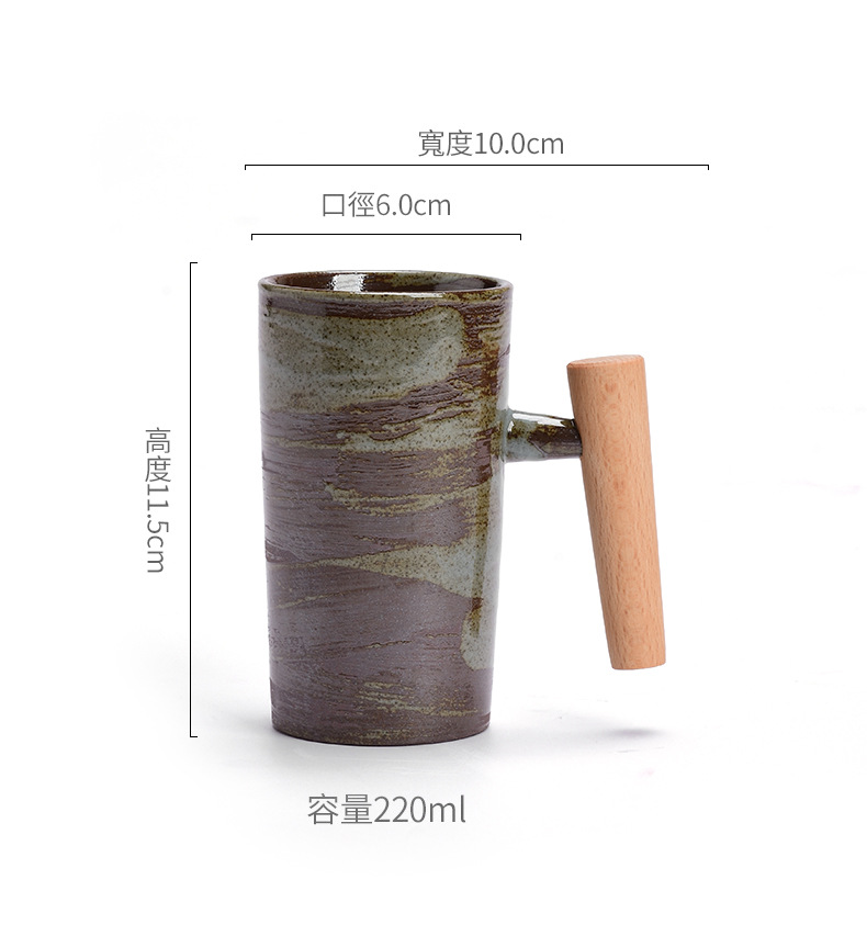 Retro ceramic mugs, simple and creative wooden handles, Japanese rough earthenware couple coffee cups, tea cups, drinking cups pic 2