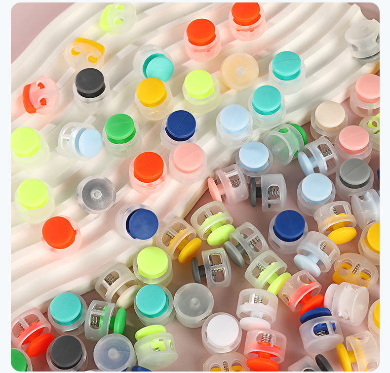 Colored plastic single-hole adjustable button clock cap, double-hole circular string button material, spring buckle, adjustable buckle, anti-slip pic 13