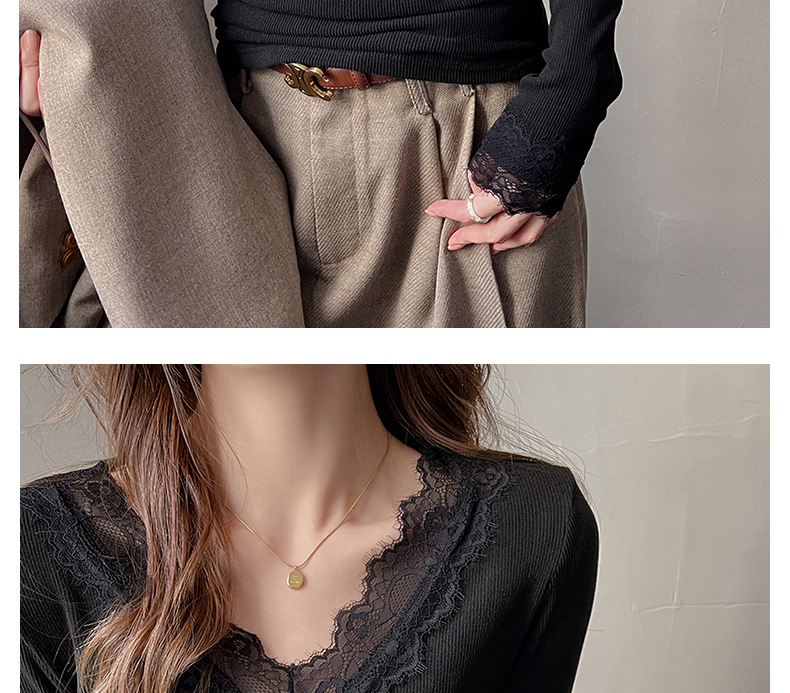 A lace-trimmed V-neck long-sleeved base layer for women, paired with a German fleece, brushed, and slimming design off-the-shoulder T-shirt for autumn and winter pic 21
