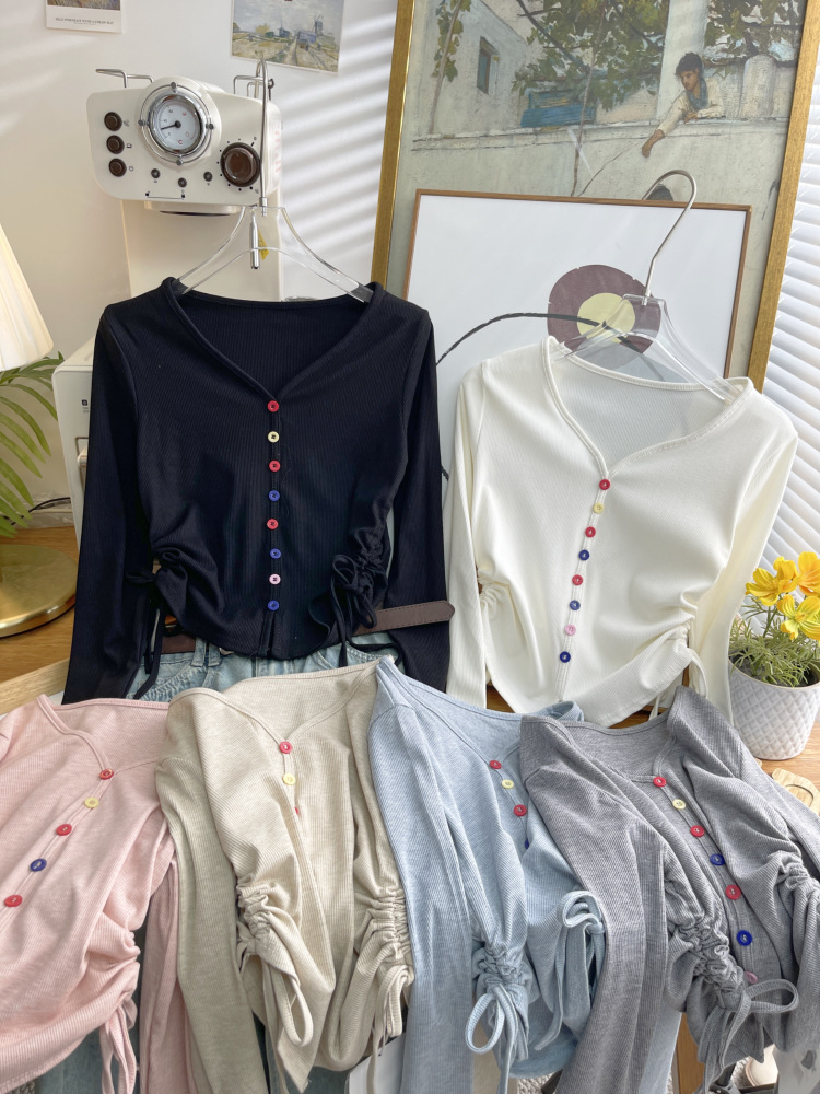 抽绳针织长袖t恤女2024秋新款修身短款设计感内搭打底衫上衣4659详情3