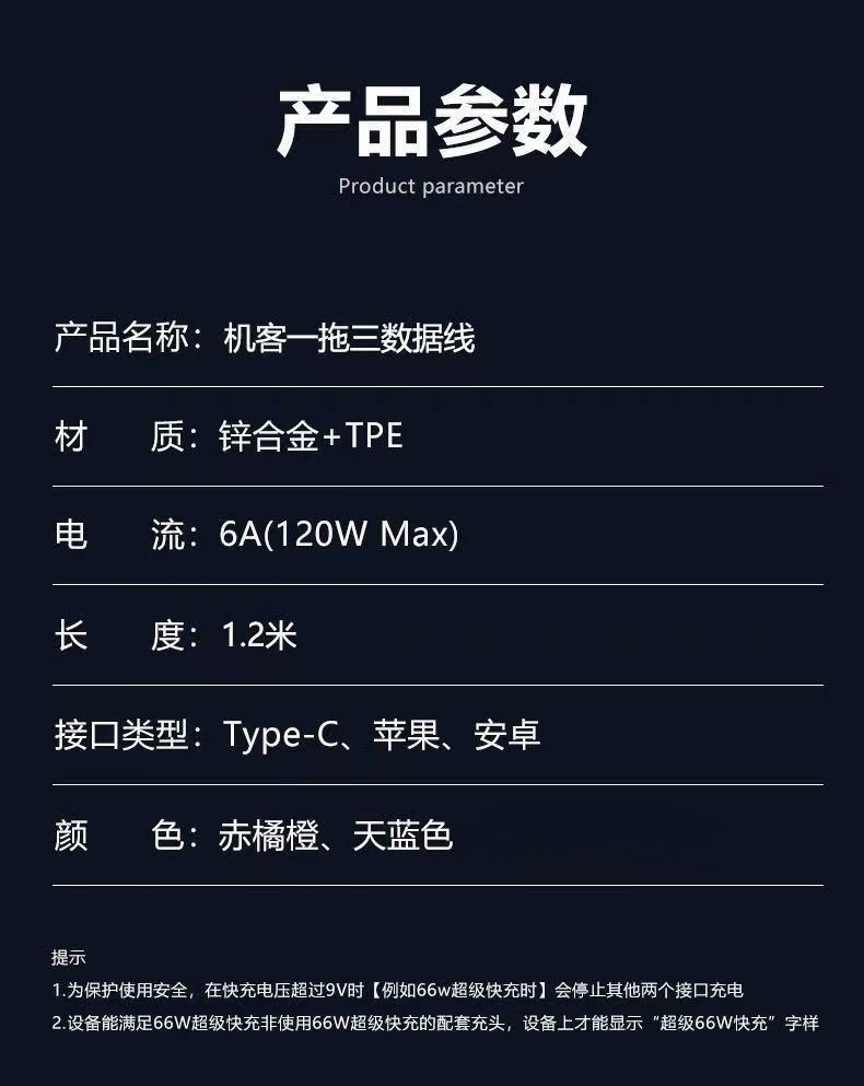 一拖三Type-c数据线6A快充6A适用tapyc华为p30小米vivo充电器线no详情11