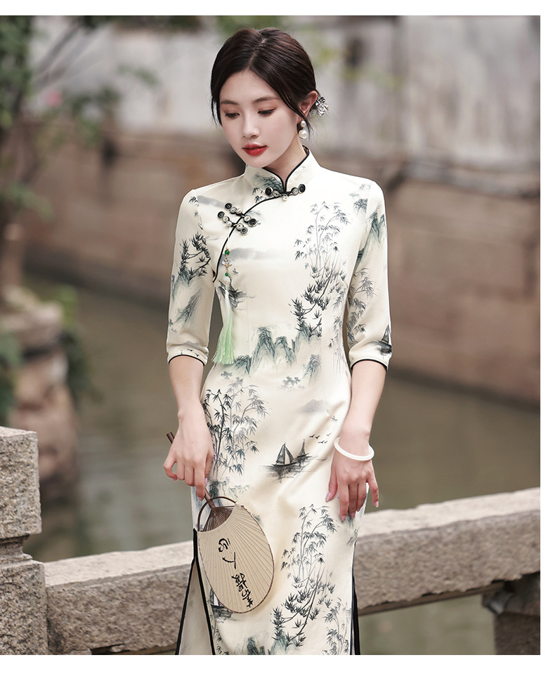 New Chinese-style cheongsam improved version for women, Spring 2025 Jiangnan Suzhou five-quarter sleeve ink-wash painting dress cheongsam pic 13