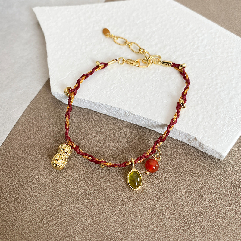 精致手作天然玉石红玛瑙编绳项链叠戴幸运硬币花生金色红绳手链女详情4