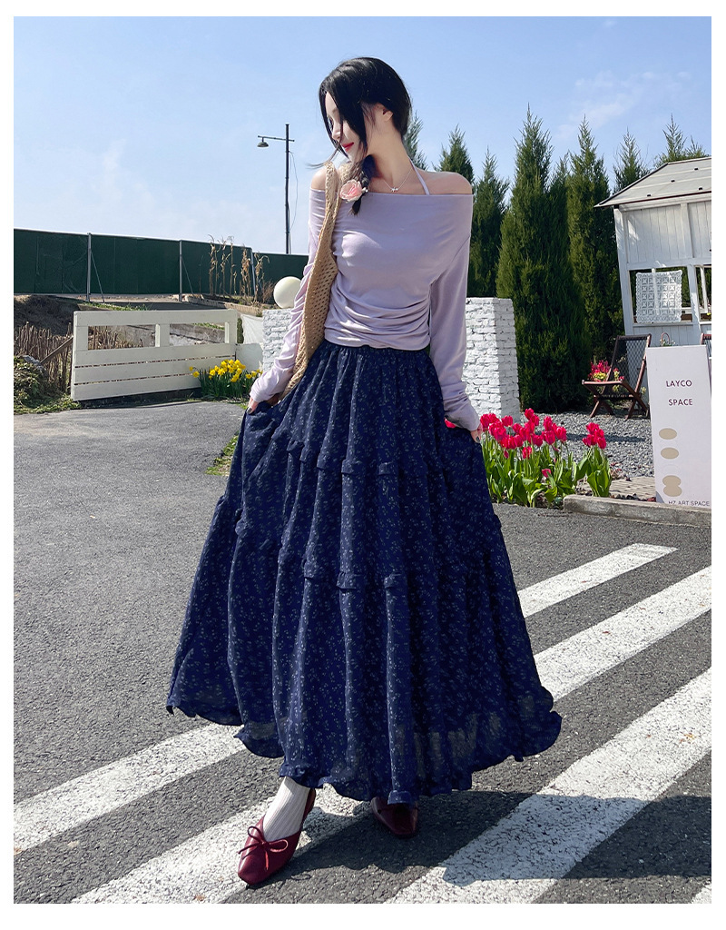半身裙女春秋冬新款韩式复古蓝色碎花闲慵懒风长裙子高腰 a字裙休详情19