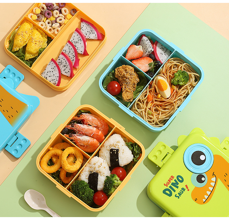Dinosaur sauce cup lunch box, plastic PP microwave heating tape rice box, double-layer separated salad lunch box wholesale pic 13
