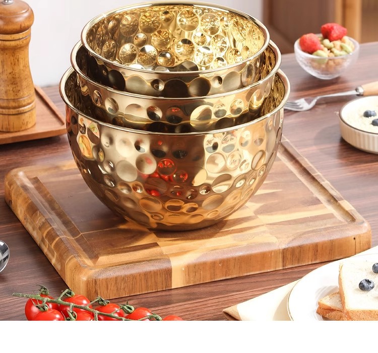 Retro stainless steel creative fruit dessert outdoor camping patterned hammer patterned soup bowl golden light luxury bowl European salad bowl pic 18