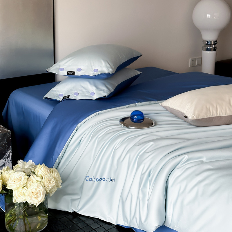 Simple, light luxury and fashionable solid-color long-staple cotton four-piece set, pure cotton letter-embroidered duvet cover, double bedding pic 107