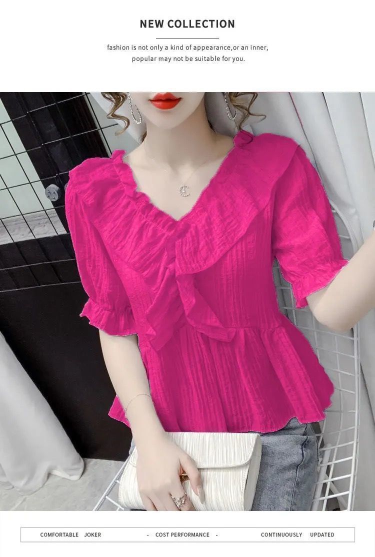 Summer new French V-neck bubble short-sleeved shirt for women, slimming, fashionable and elegant casual top for women chiffon pic 4