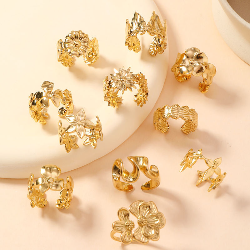 欧美时尚钛钢戒指 法式复古流行油压贝壳 花朵开口戒不锈钢饰品详情4