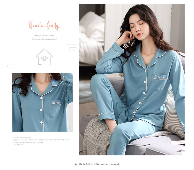 T春秋款睡衣套装纯色纯棉睡衣女士长袖开衫加大码加肥家居服外穿详情18