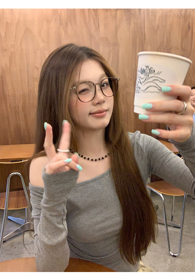 纯欲辣妹修身显瘦露肩长袖T恤女装早秋设计感百搭打底衫学生上衣详情4