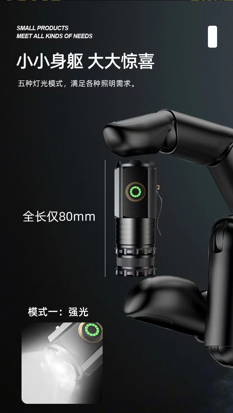 跨境抖音电商直播强光手电筒迷你便携充电多功能夹帽灯户外小手电详情8