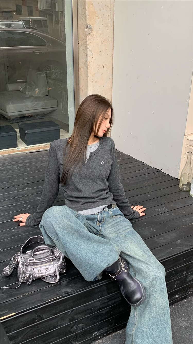 女士T恤假两件长袖T恤秋冬内搭修身显瘦打底上衣美式复古打底衫详情8