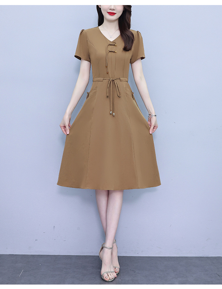 新中式V领连衣裙女2024夏季新款气质中长款收腰显瘦中年妈妈裙子详情33