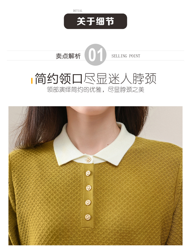 2024新款翻领含羊毛女士针织衫套头衫春秋韩版时尚气质上衣打底衫详情5