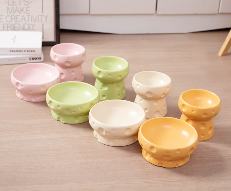 Cheese cat bowl, ceramic cat food bowl, high-legged food bowl, water bowl, flat-mouthed to protect the cervical vertebrae from being knocked over, large-mouthed puppy bowl pic 13