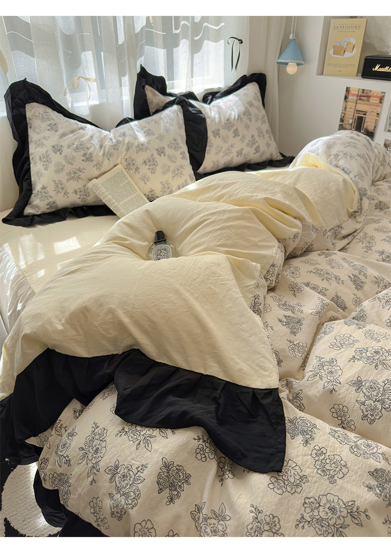 French romantic princess-style lace washed cotton four-piece set, small floral skin-friendly quilt cover, dormitory three-piece set, bed skirt style pic 28