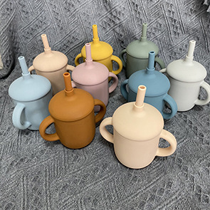 食品级儿童硅胶吸管水杯婴儿防摔双耳硅胶水杯宝宝硅胶学饮杯详情6