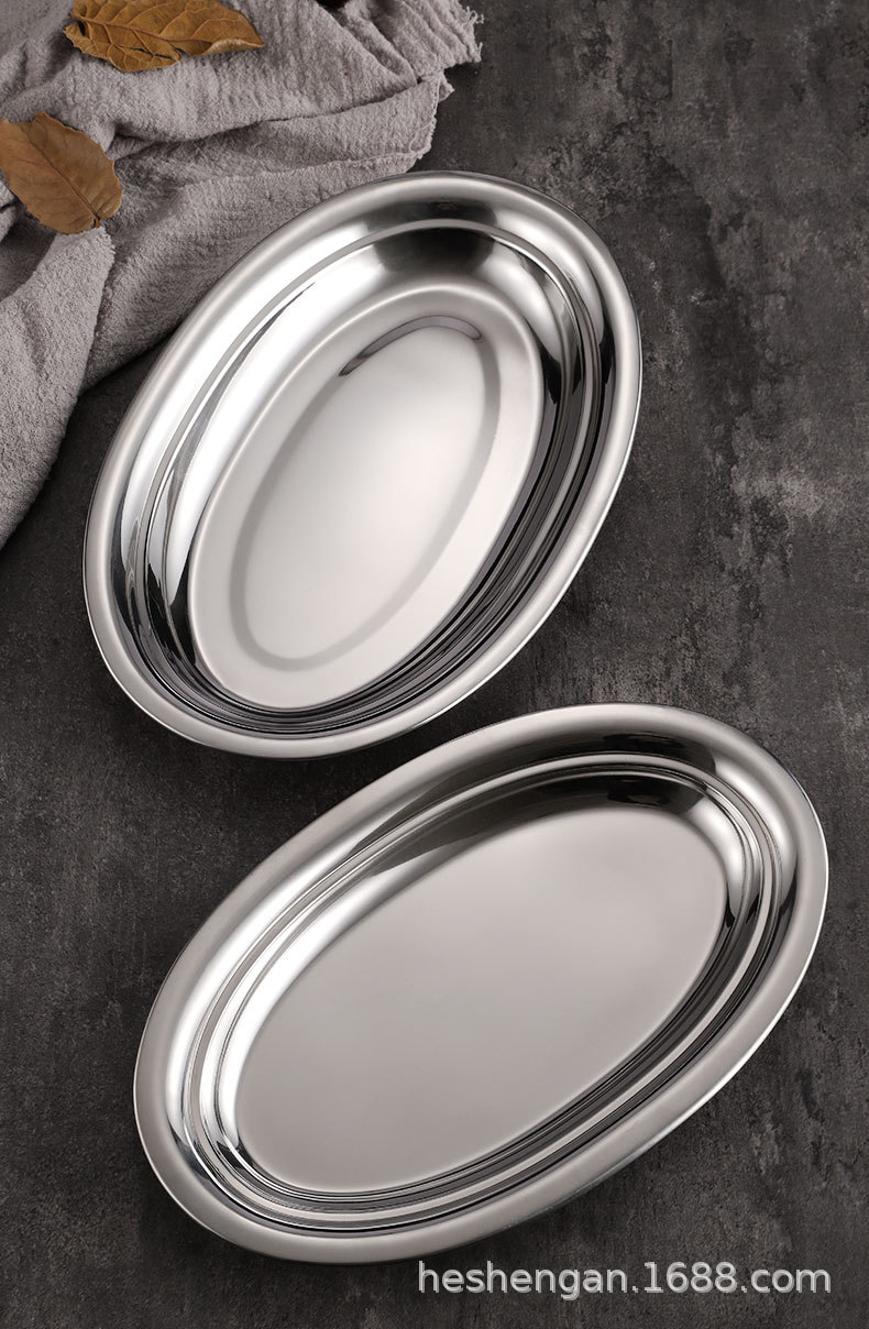 工厂直销不锈钢椭圆盘蛋形蒸鱼盘 韩式金色盘子烧烤肠粉餐盘详情13