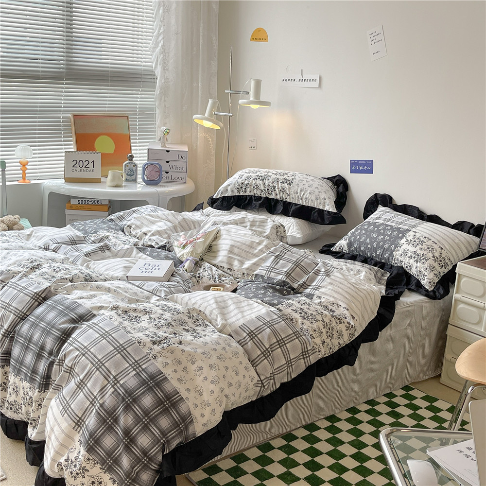 French Hepburn style pure cotton four-piece set, high-end feel, pure cotton black and white sketch flower duvet cover, all-cotton edge bedding pic 28