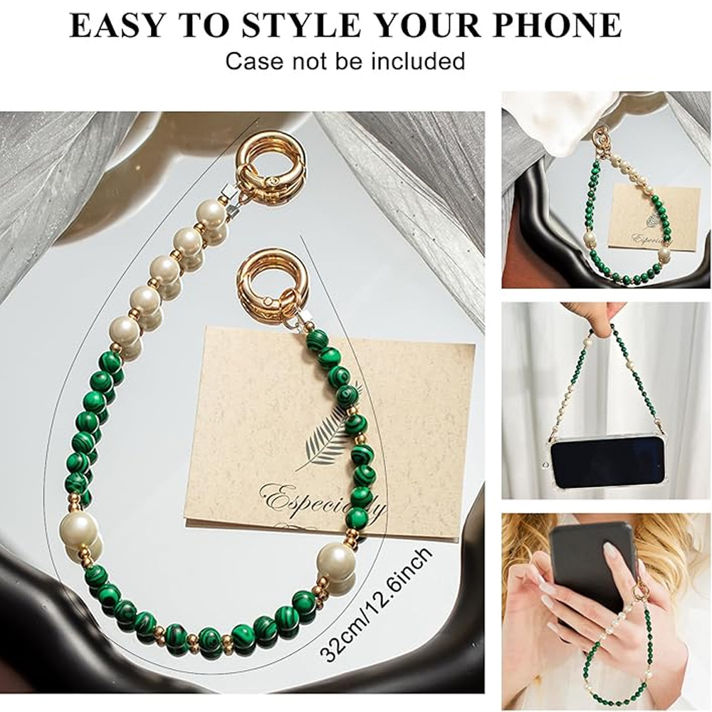 New colored round bead malachite mobile phone chain pendant, handcrafted gemstone agate, high-end beaded wristband for women pic 8