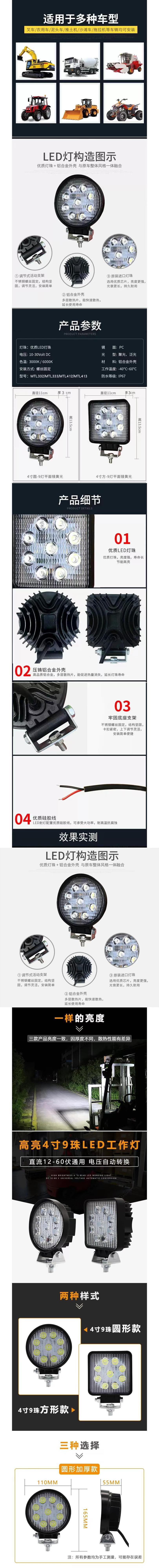 12V24V挖机大臂灯LED散光高亮工程车钩机铲车装载机叉车照明大灯前照灯详情1