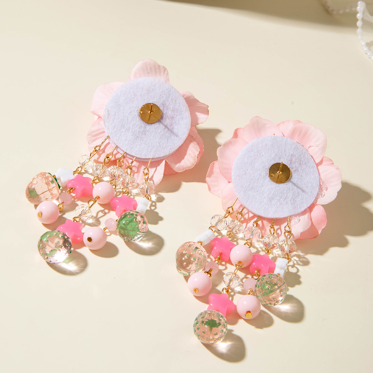 欧美跨境时尚清新布艺花朵流苏串珠优雅甜美情人节礼物耳坠耳环女详情32