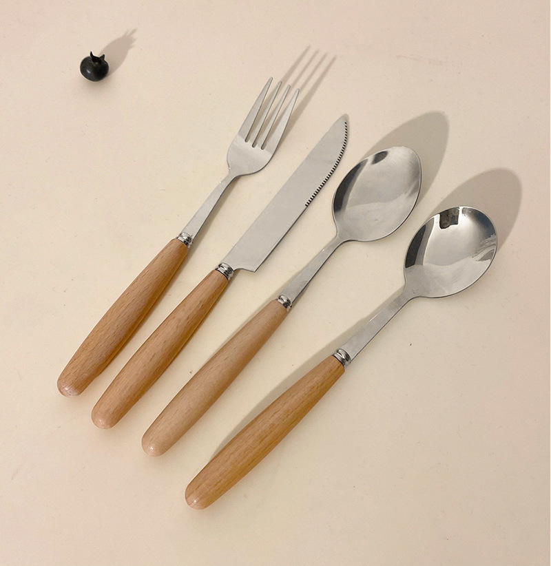 跨境日式不锈钢牛排刀叉勺子创意木柄甜品小勺小叉水果叉西餐餐具详情10