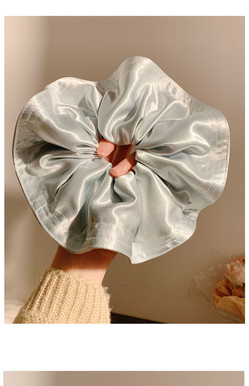French-style gentle pink satin large intestine hair band, a luxurious and laid-back female style, oversized hair accessory with a hair tie pic 6